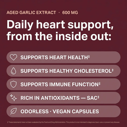 Daily heart support — supports heart health, healthy cholesterol, immune function, antioxidants (S-allylcysteine), odorless vegan capsules