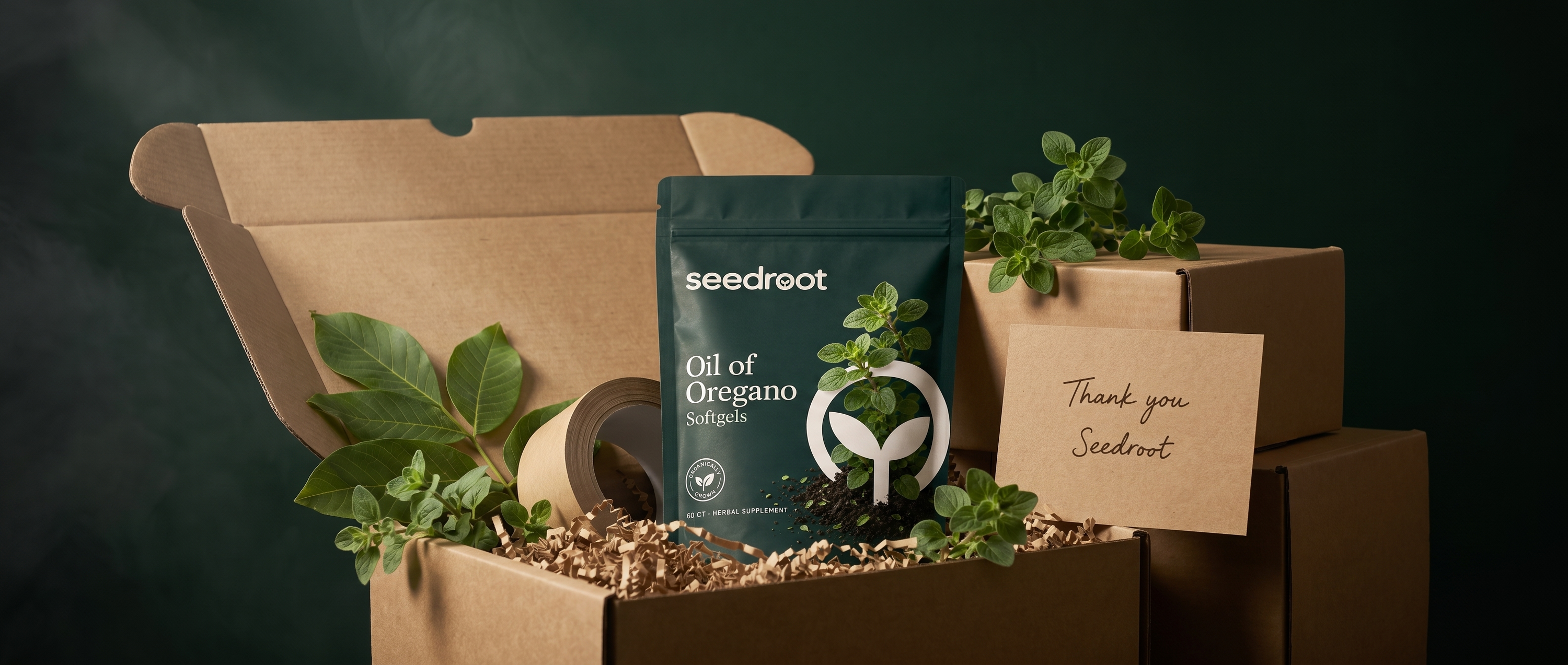 A Seedroot Oil of Oregano pouch packed in a kraft shipping box with a handwritten thank-you card