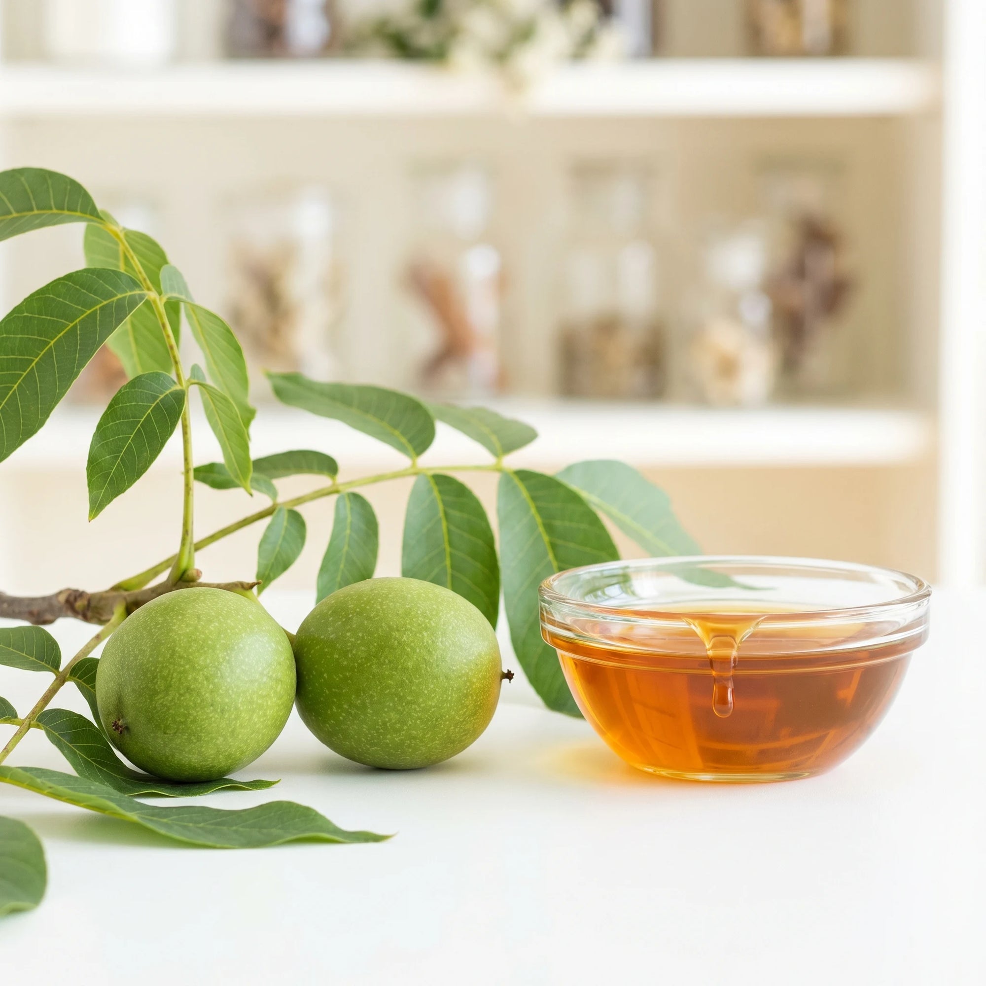 Fresh green black walnut hulls on the branch beside a bowl of black walnut herbal extract