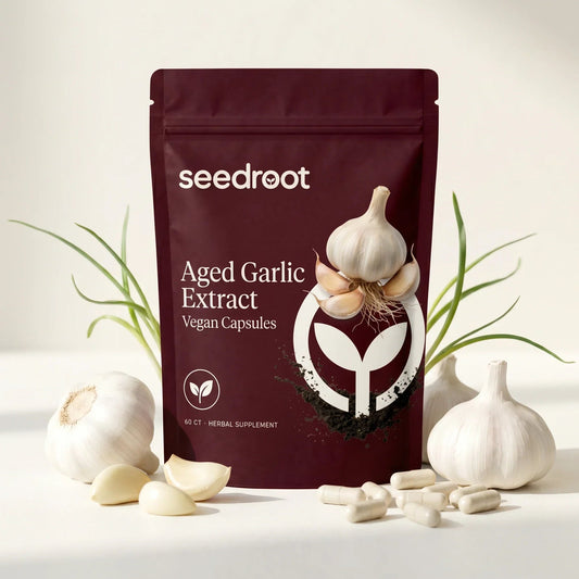 Seedroot Aged Garlic Extract pouch — 600 mg, 60 odorless vegan capsules