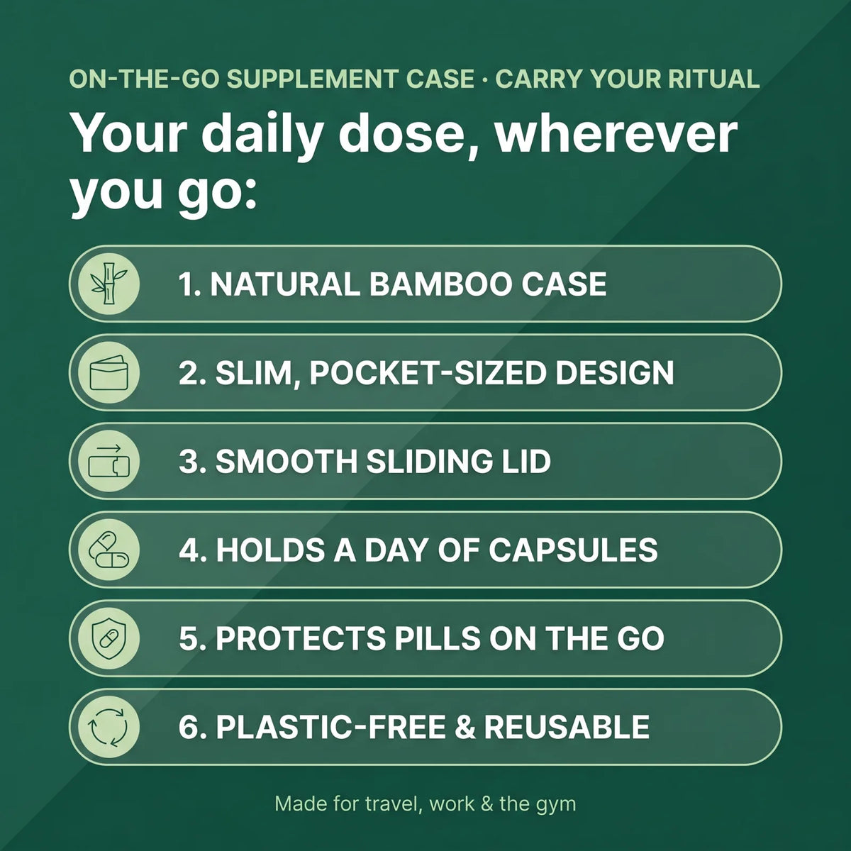 On-The-Go Supplement Case benefits — natural bamboo, slim pocket-sized design, smooth sliding lid, holds a day of capsules, protects pills, plastic-free and reusable
