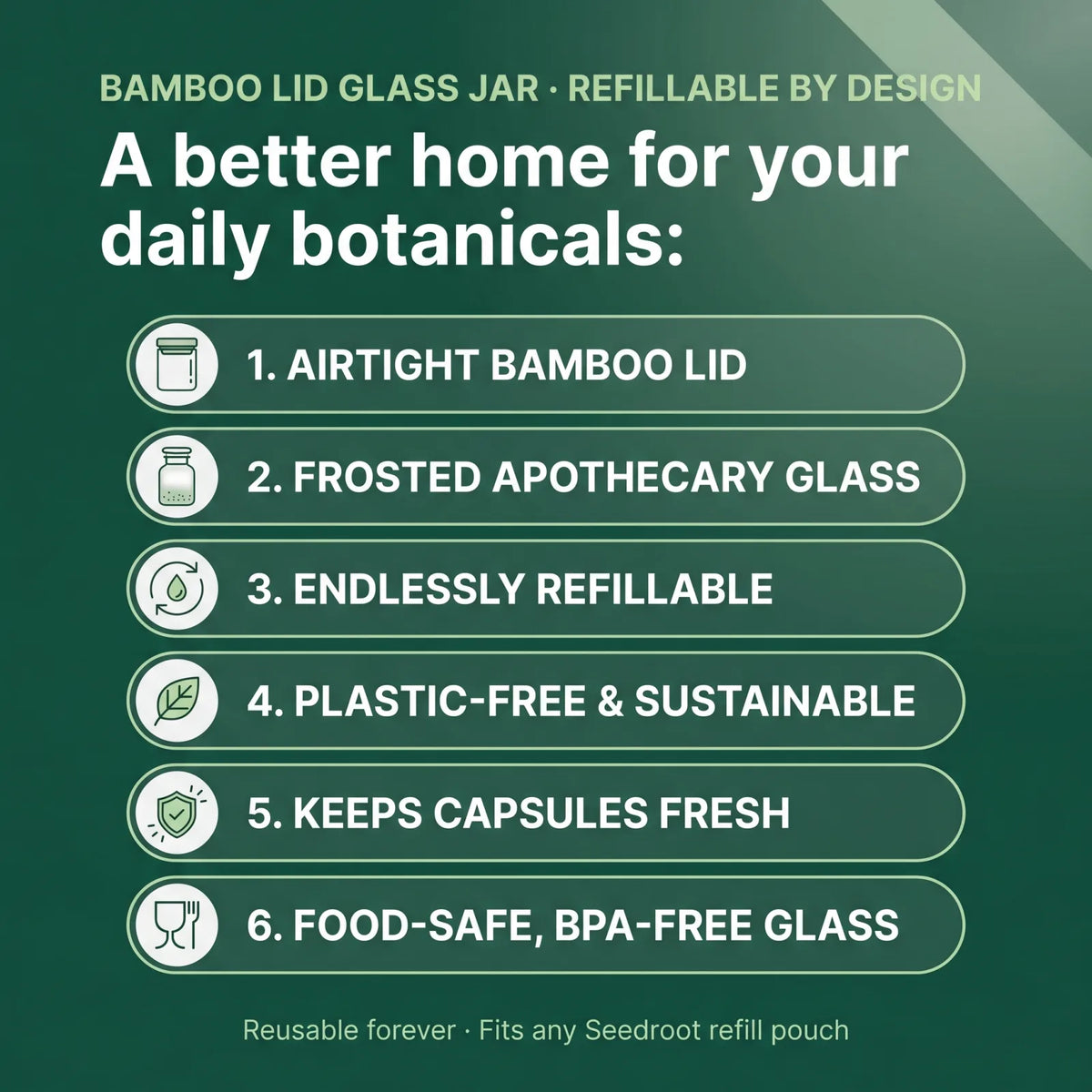 Bamboo Lid Glass Jar benefits: airtight bamboo lid, frosted apothecary glass, endlessly refillable, plastic-free, keeps capsules fresh, food-safe glass