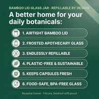 Bamboo Lid Glass Jar benefits: airtight bamboo lid, frosted apothecary glass, endlessly refillable, plastic-free, keeps capsules fresh, food-safe glass
