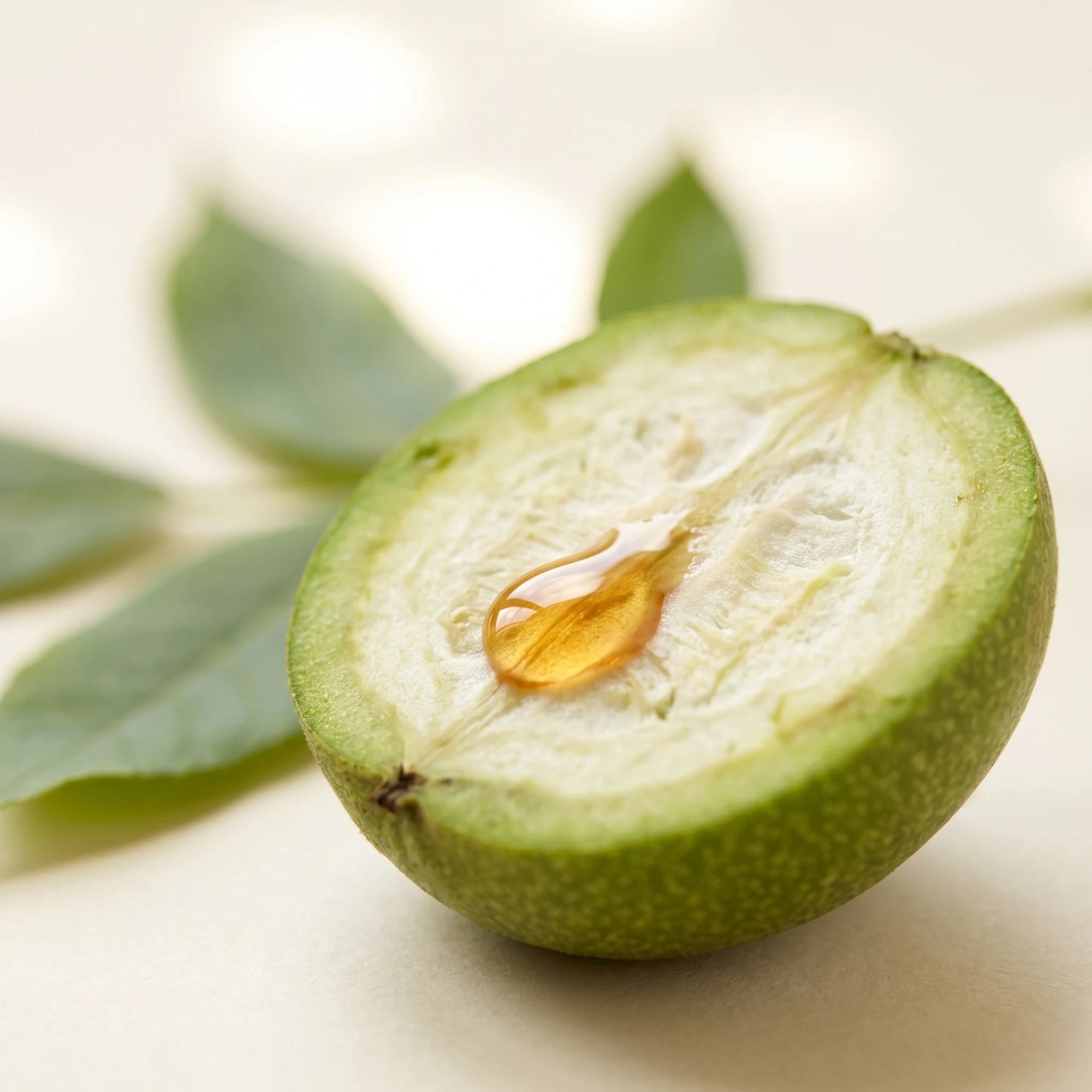 Green black walnut hull cut open with a droplet of botanical extract — juglone