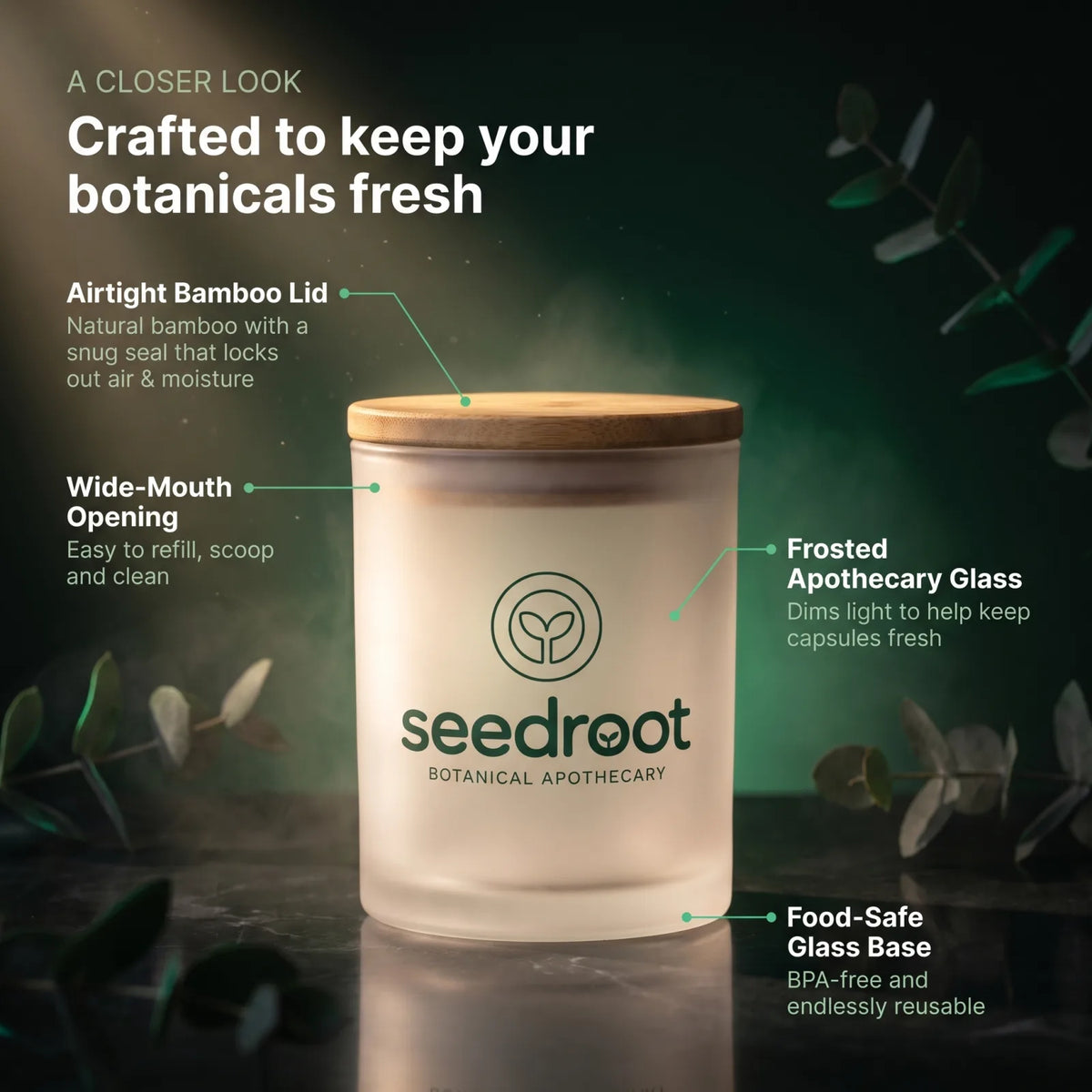 Bamboo Lid Glass Jar features: airtight bamboo lid, frosted apothecary glass, wide-mouth opening, food-safe glass base
