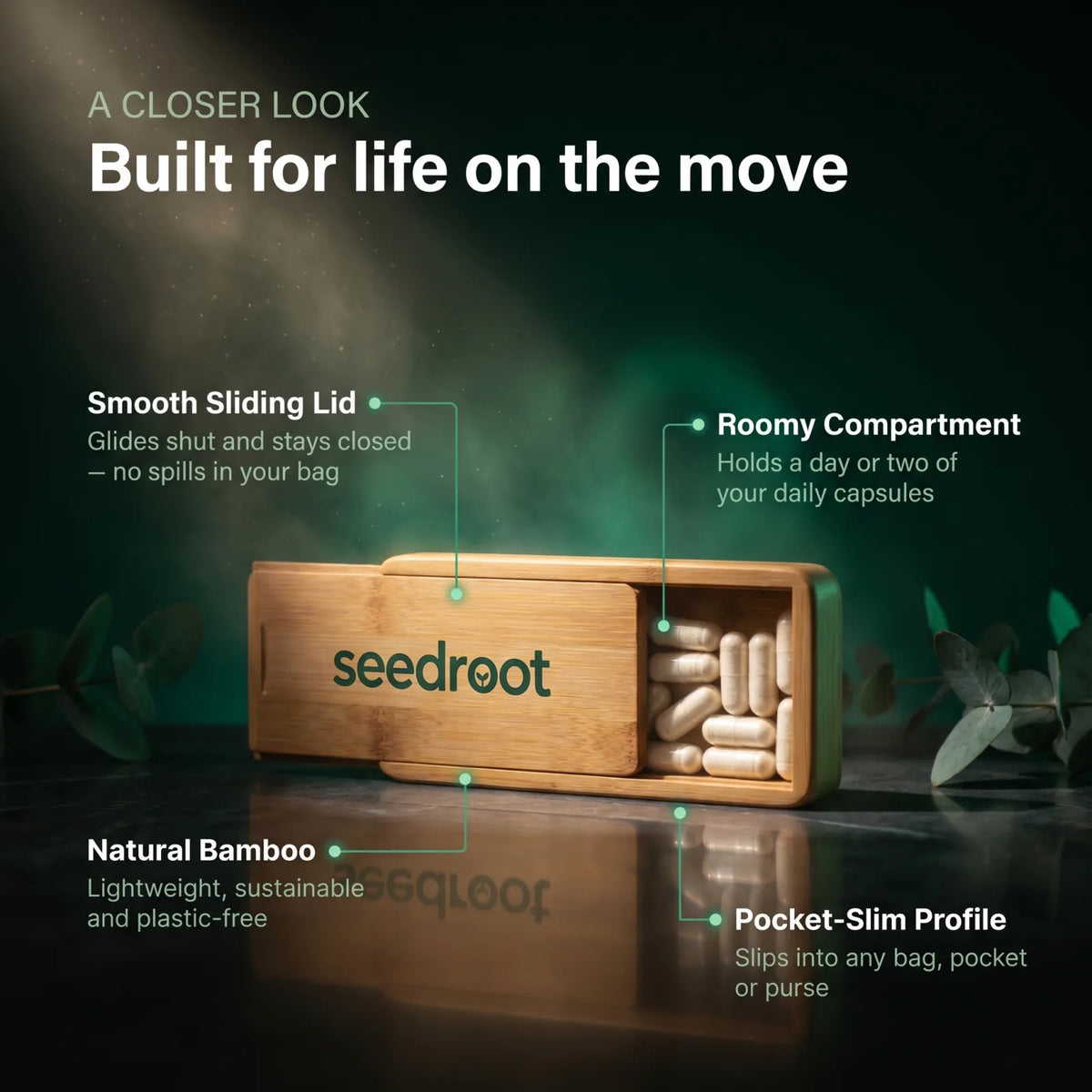 On-The-Go Supplement Case features — smooth sliding lid, natural bamboo, roomy compartment, pocket-slim profile
