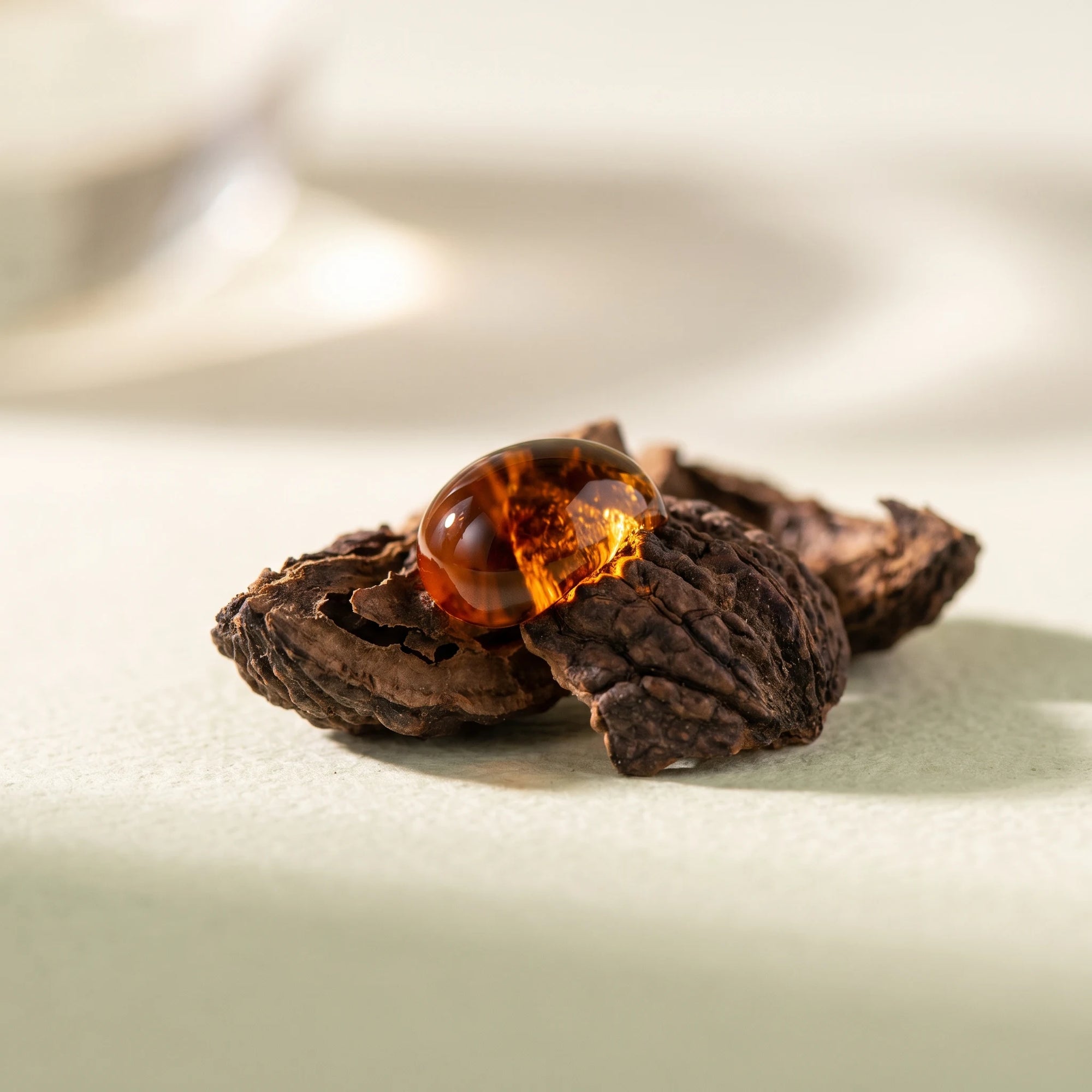 Amber black walnut extract droplet resting on dried black walnut hulls — tannins