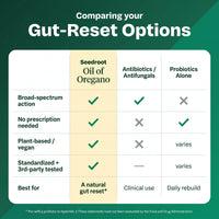 Gut-reset options compared: Seedroot Oil of Oregano vs antibiotics vs probiotics alone