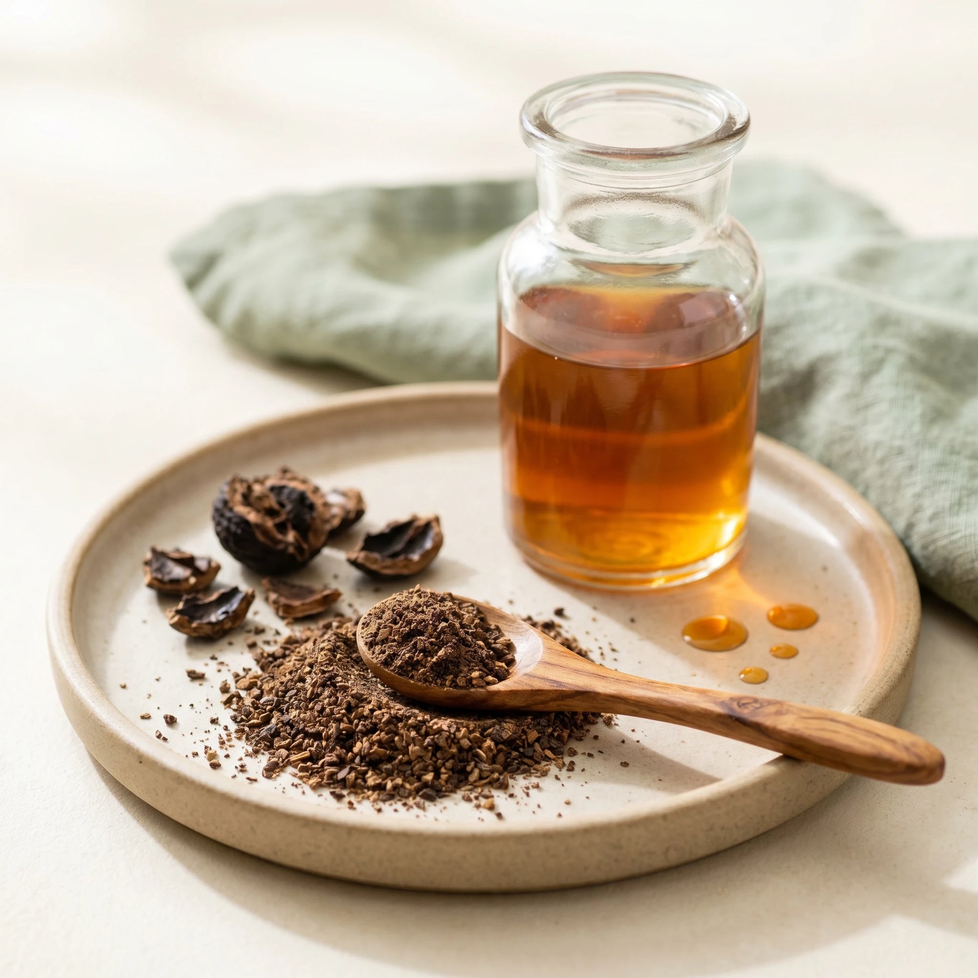Black walnut hull powder, wooden spoon and a jar of tincture — iodine and trace minerals