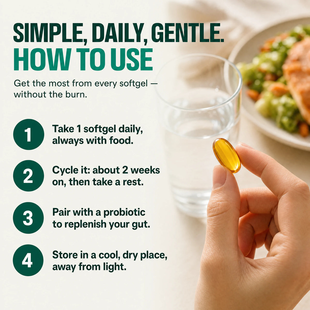 How to use: 1 softgel daily with food, cycle about two weeks, pair with a probiotic