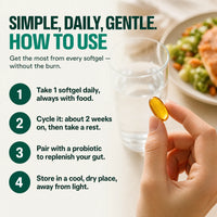 How to use: 1 softgel daily with food, cycle about two weeks, pair with a probiotic