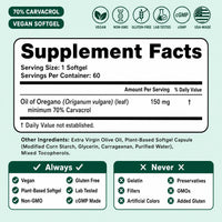 Supplement Facts: vegan plant-based softgel, 70% carvacrol, contains no gelatin