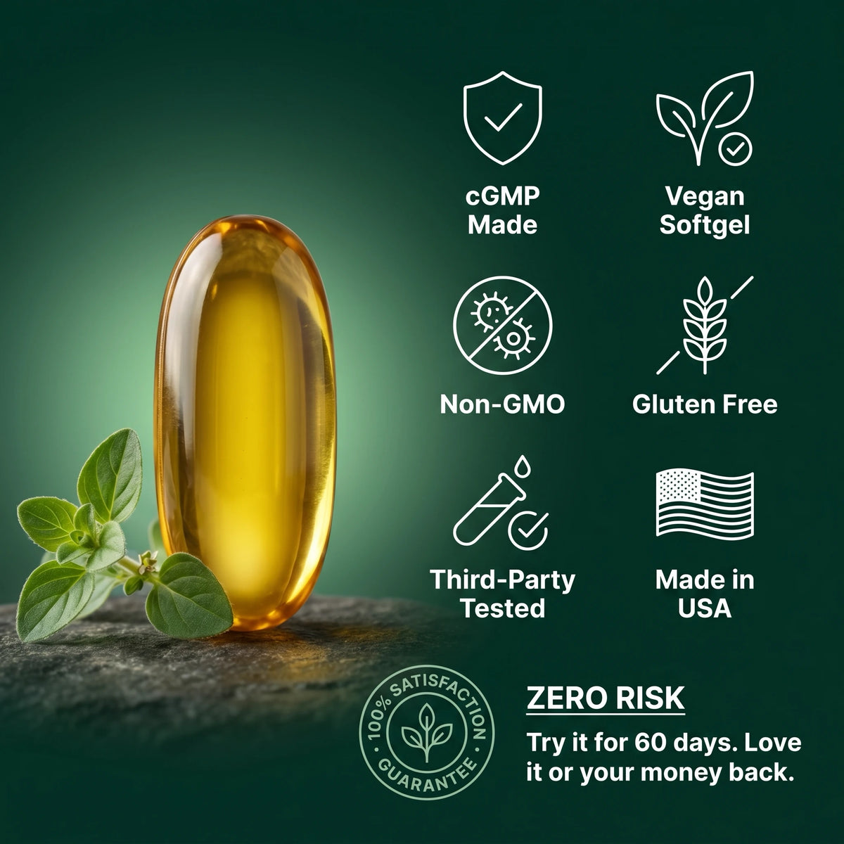 Vegan, Non-GMO, gluten-free, third-party tested, cGMP, made in USA, 60-day guarantee