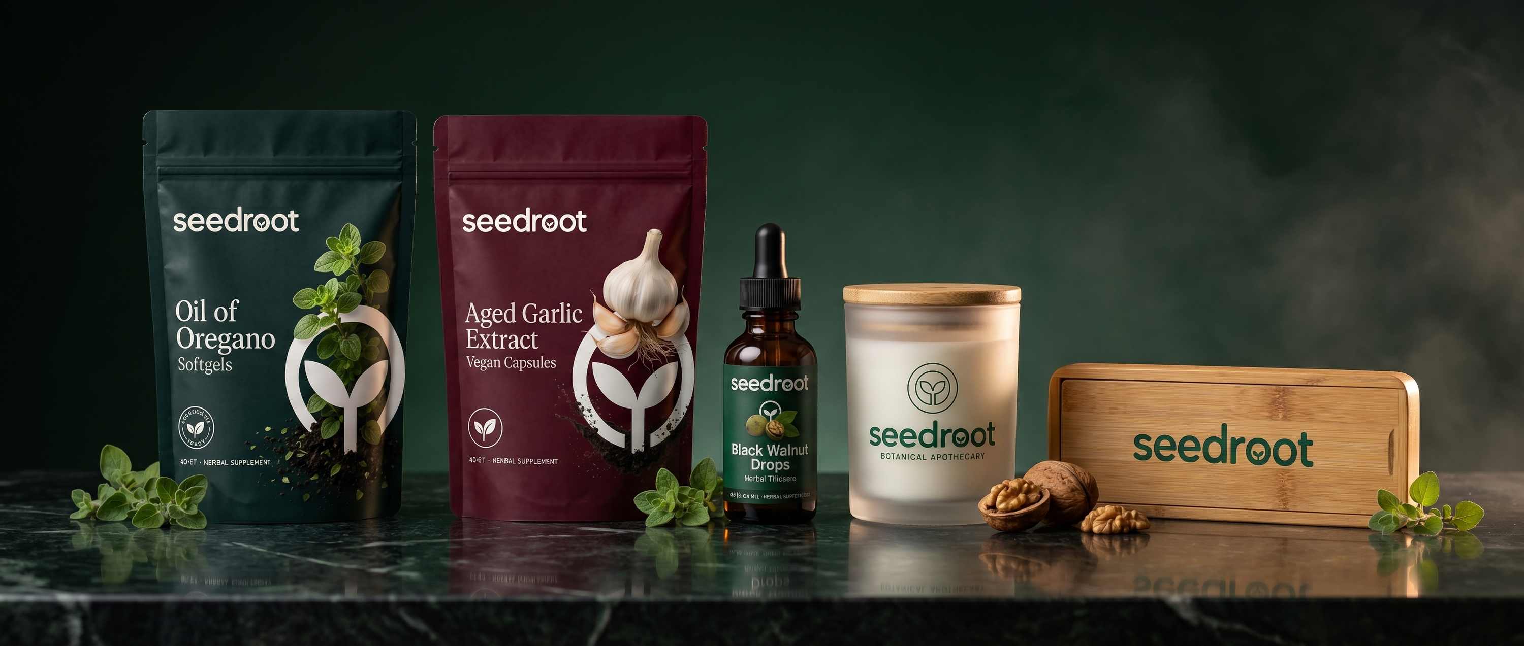 Seedroot product lineup: Oil of Oregano, Aged Garlic Extract, Black Walnut Drops, Bamboo Lid Glass Jar and On-The-Go Supplement Case on a dark botanical surface