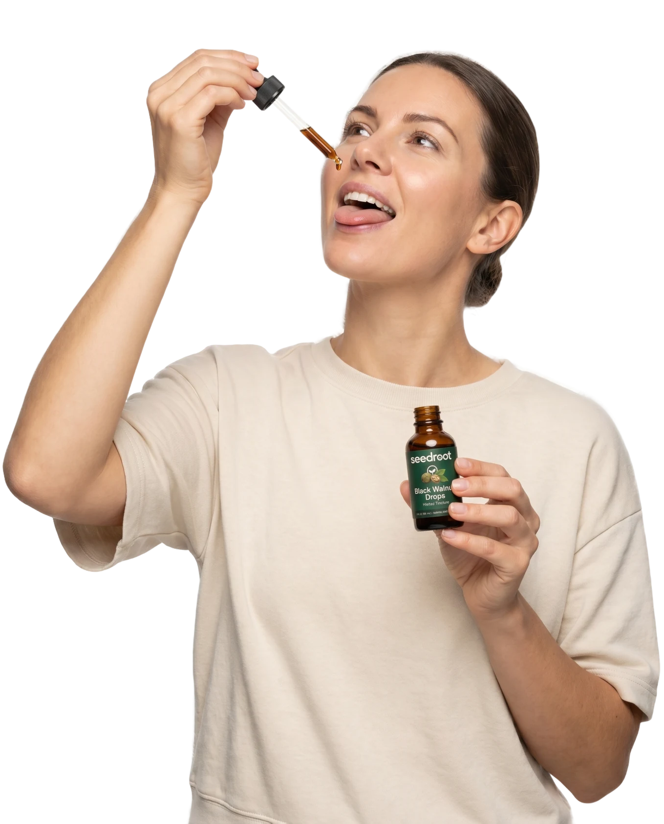 Woman taking Seedroot Black Walnut Drops herbal tincture from the glass dropper — 30-day risk-free trial