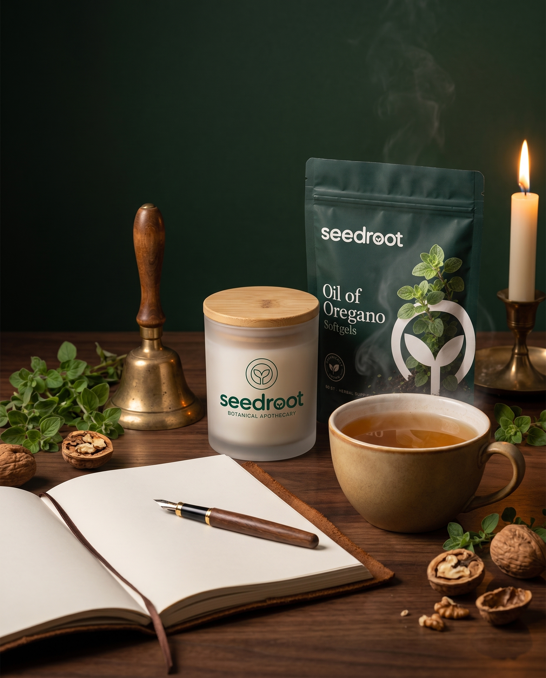 A cozy Seedroot apothecary still life with herbal tea, a notebook and fresh botanicals