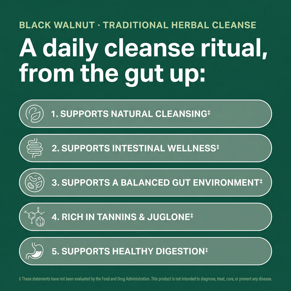 A daily cleanse ritual: supports natural cleansing, intestinal wellness, a balanced gut, rich in tannins and juglone