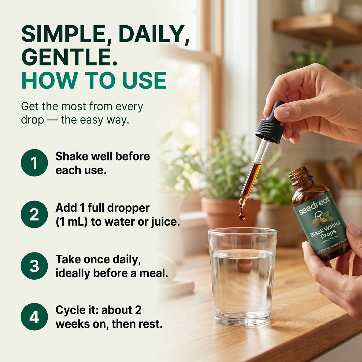 How to use: shake well, add 1 full dropper (1 mL) to water or juice daily, cycle two weeks on then rest