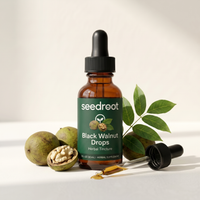 Seedroot Black Walnut Drops herbal tincture — 1 fl oz amber glass dropper bottle on a bright cream surface with whole and cracked black walnuts and walnut leaves