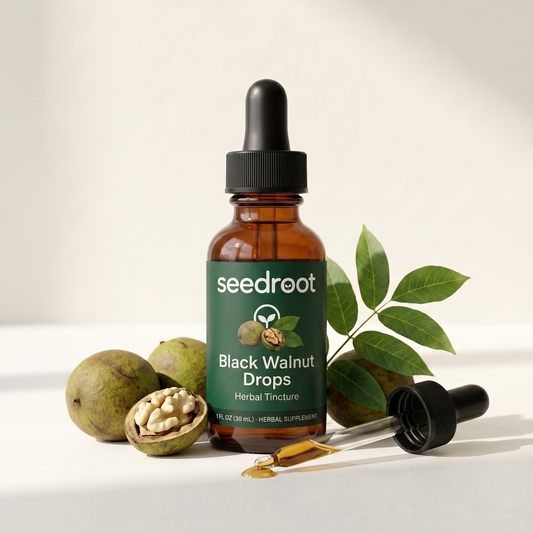 Seedroot Black Walnut Drops herbal tincture — 1 fl oz amber glass dropper bottle on a bright cream surface with whole and cracked black walnuts and walnut leaves