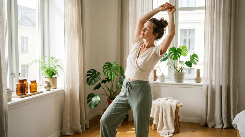 Woman stretching in a bright, sunlit room, energized and strong