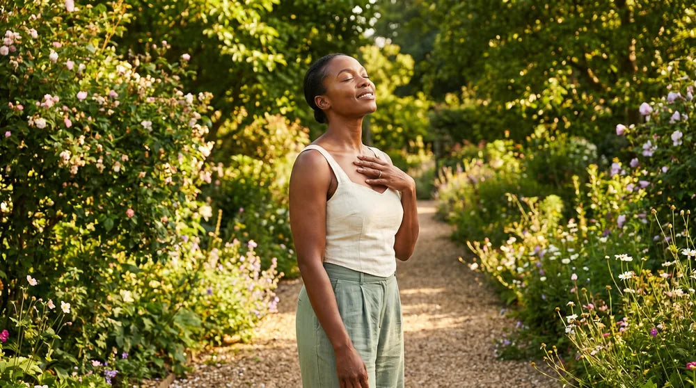 Woman pausing on a sunlit garden path, breathing deeply, well from the inside out