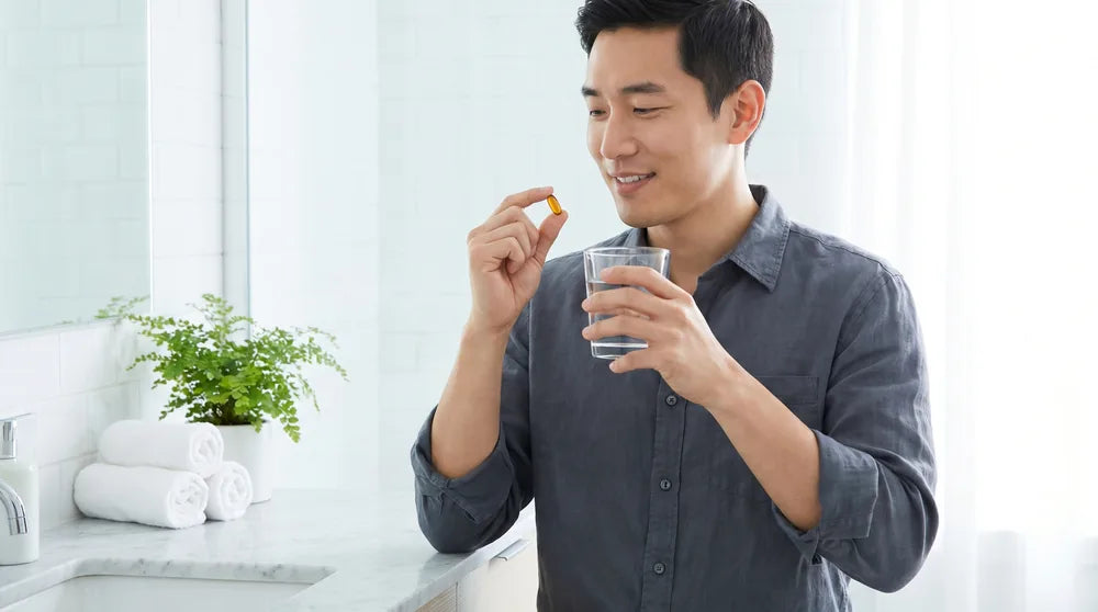 Man calmly taking a softgel with a glass of water, completely at ease