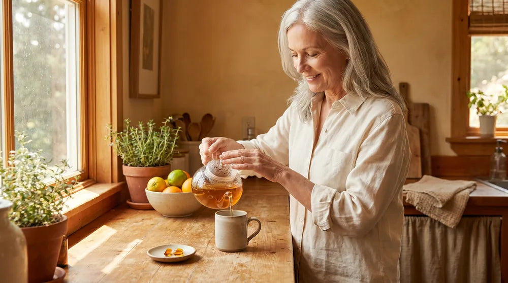 Silver-haired woman enjoying her morning tea ritual in a warm kitchen
