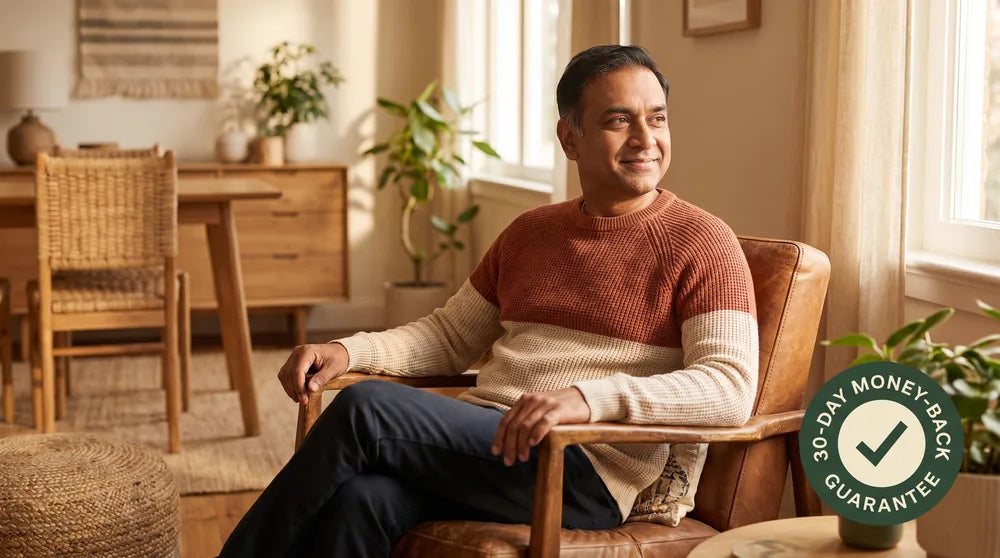 Relaxed, satisfied man at home beside a 30-day money-back guarantee seal