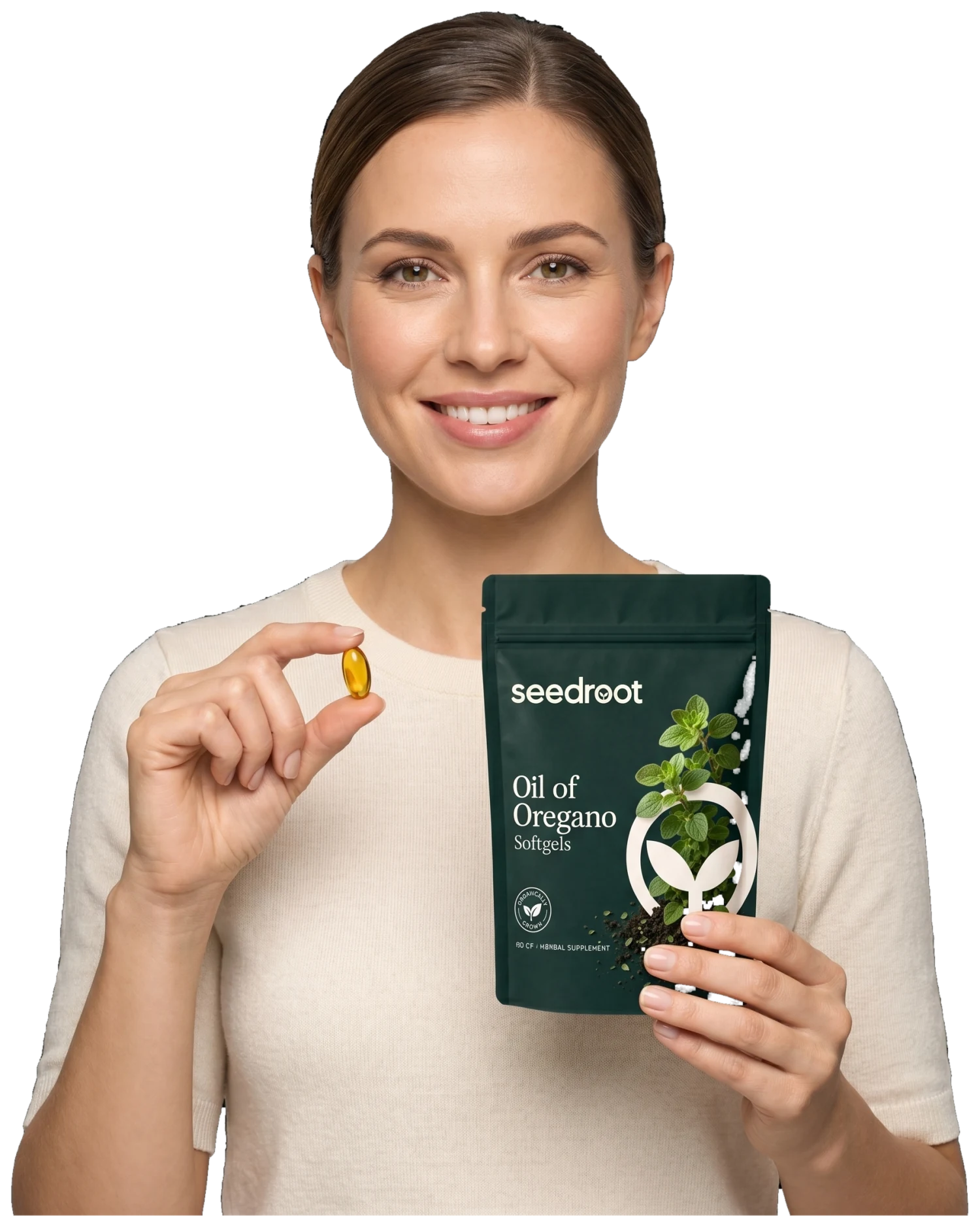 Woman holding the Seedroot Oil of Oregano pouch and a softgel