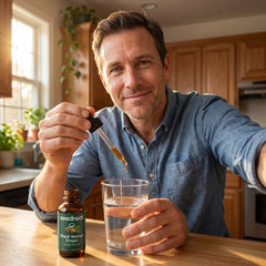Man adding Seedroot Black Walnut Drops into a glass of water
