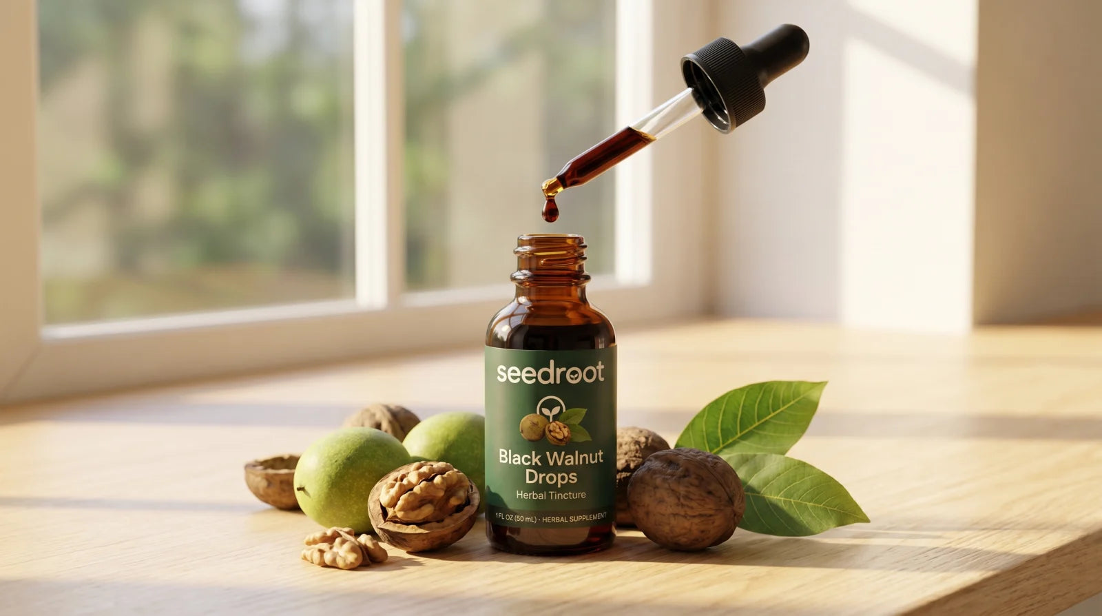 Seedroot Black Walnut Drops amber dropper bottle dispensing a rich amber drop, beside whole and cracked black walnuts and a green walnut leaf