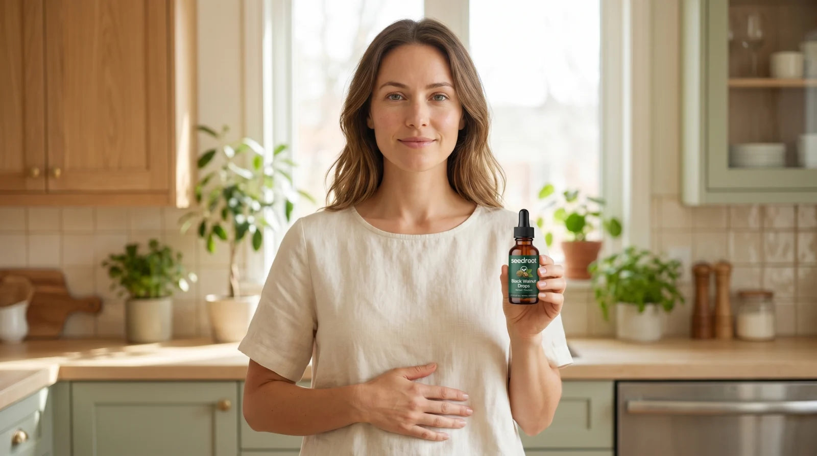 Woman in a bright kitchen holding Seedroot Black Walnut Drops with a hand resting calmly on her stomach