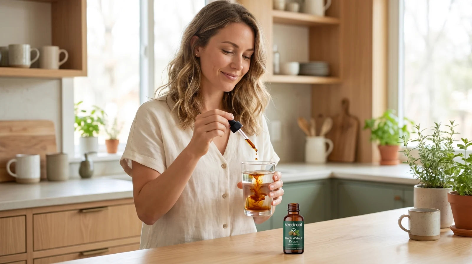 Woman adding Seedroot Black Walnut Drops into a glass of water, the amber drops dispersing smoothly