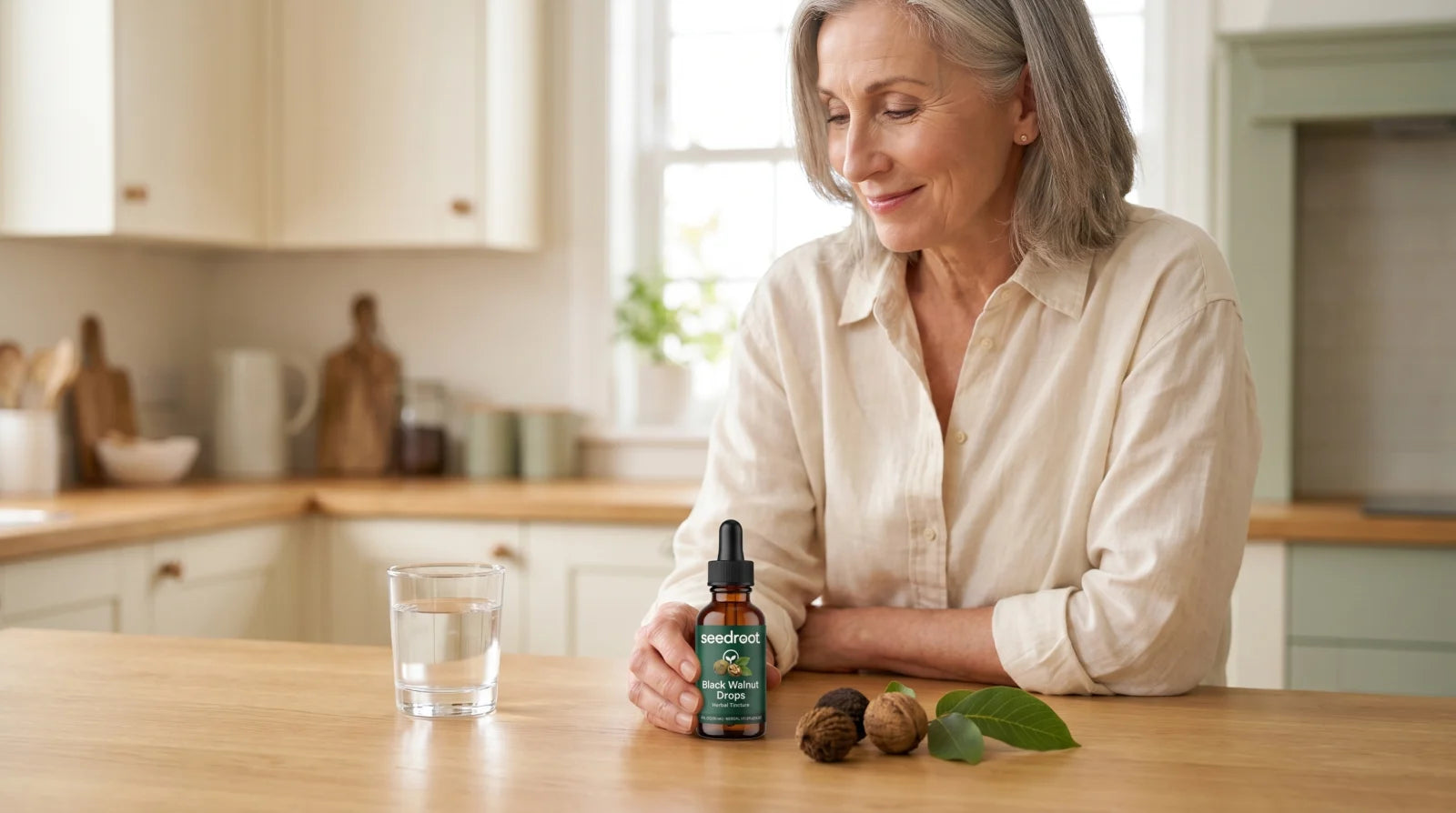 Silver-haired woman holding Seedroot Black Walnut Drops as part of her calm daily morning ritual