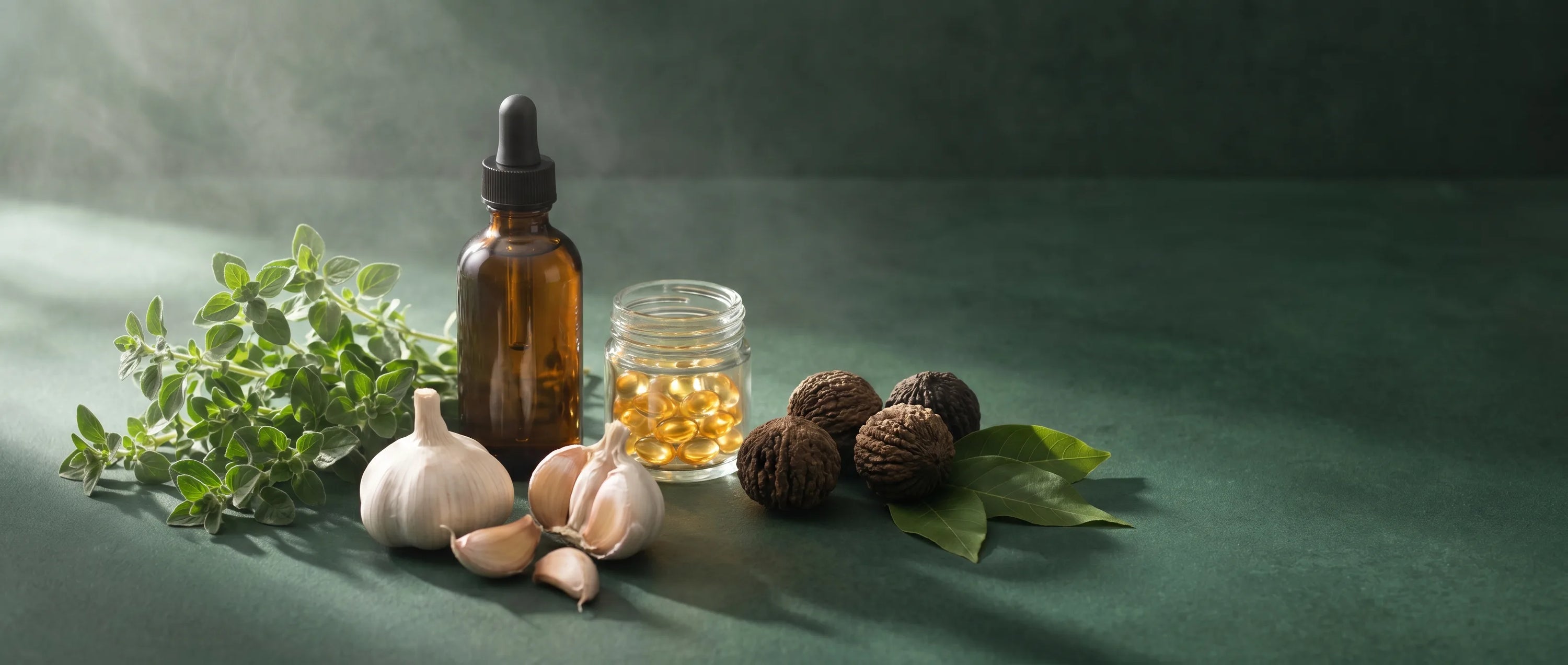 Fresh oregano, garlic, black walnuts and an amber dropper bottle of Seedroot botanicals arranged on a deep evergreen surface