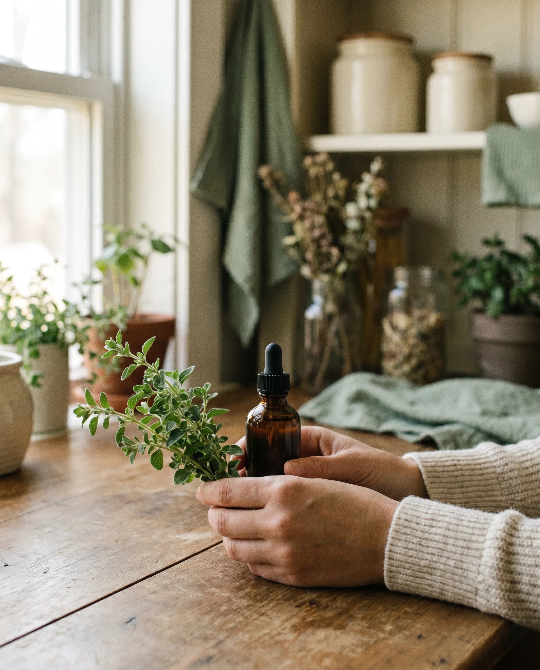 Hands cradling fresh oregano and an amber dropper bottle in a sunlit, calm apothecary kitchen