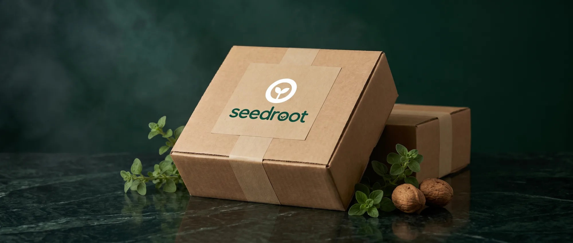 A sealed Seedroot shipping box on its way, surrounded by fresh oregano on a dark marble surface