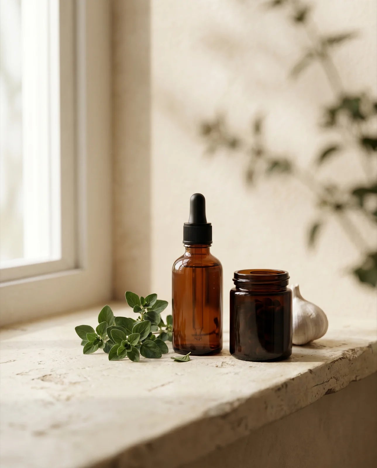 Amber glass dropper bottle and supplement jar with botanicals