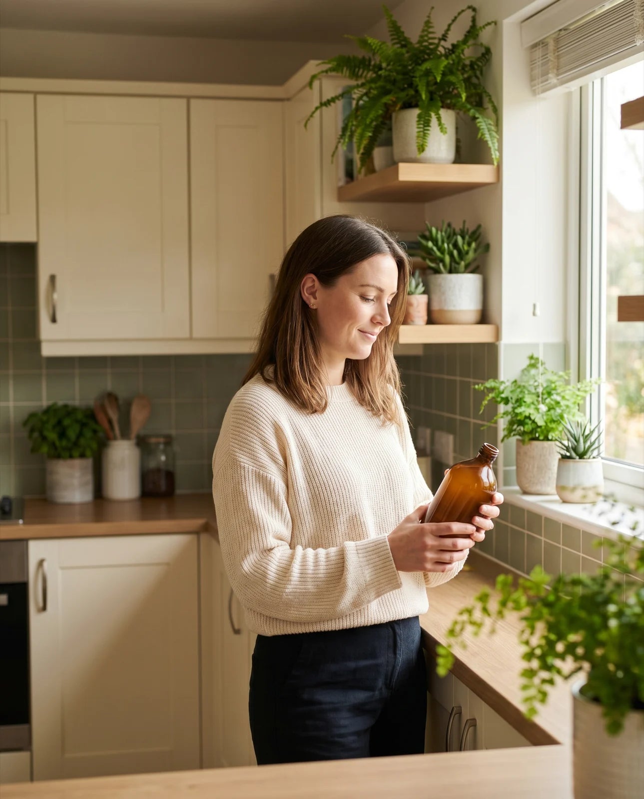 Woman in a sunlit kitchen holding a Seedroot supplement bottle
