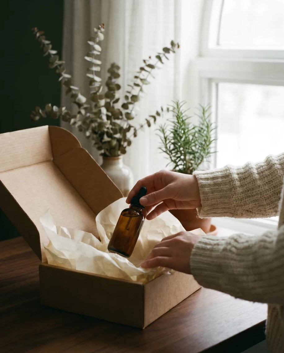Hands placing an amber Seedroot dropper bottle back into a kraft box with tissue by a window