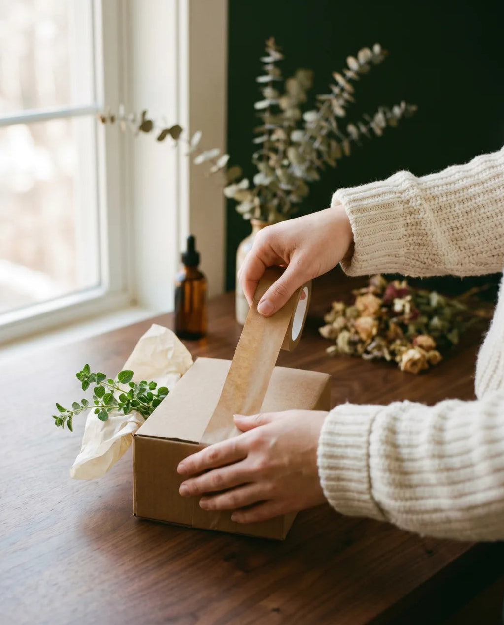 Hands sealing a Seedroot kraft parcel with paper tape beside botanicals