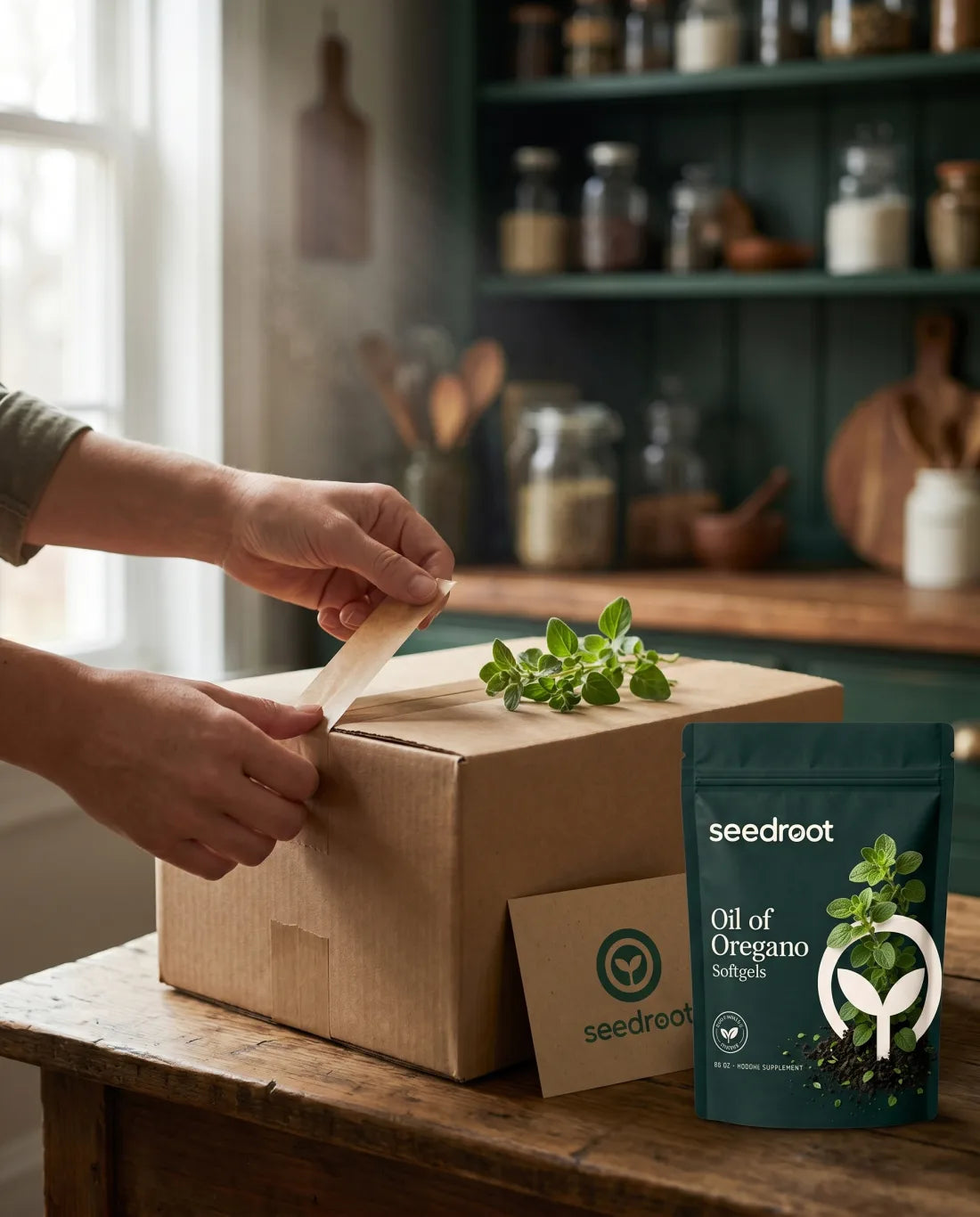 Hands sealing a Seedroot order box with the Oil of Oregano softgels pouch ready to ship